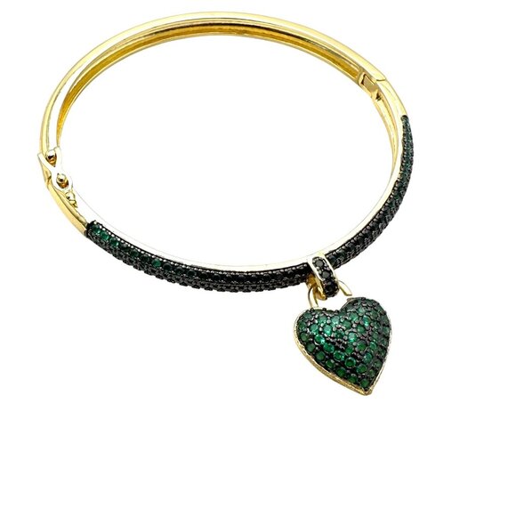 Womens Green Zircon Heart Bracelet Gold Plated Charm Hinged Bangle 7 Inch - Picture 2 of 7